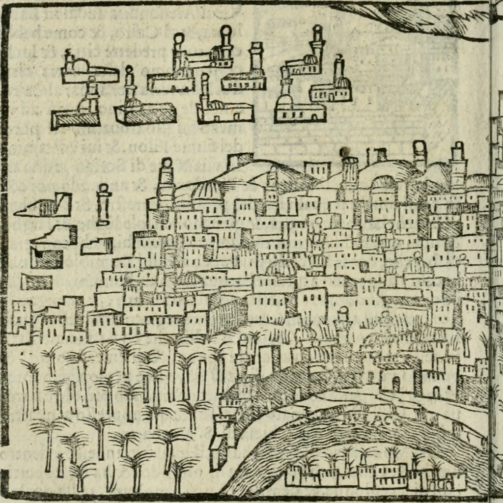 An illustration from Viaggio da Venetia al Santo Sepolcro, et al monte Sinai; col dissegno delle città, castelli, ville, chiese, monasterij, isole, porti, & fiumi, che sin là si ritrouano; et vna breue regola di quanto si dee osseruar nel detto viaggio, e quel che si paga da luoco à luoco, sì di dacij, come d'altre cose, 1606, leaf 141