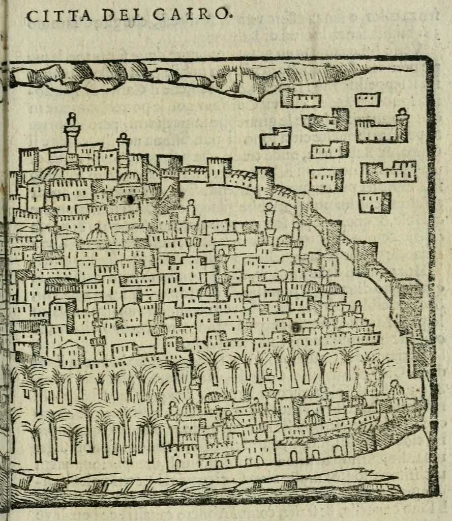 An illustration from Viaggio da Venetia al Santo Sepolcro, et al monte Sinai; col dissegno delle città, castelli, ville, chiese, monasterij, isole, porti, & fiumi, che sin là si ritrouano; et vna breue regola di quanto si dee osseruar nel detto viaggio, e quel che si paga da luoco à luoco, sì di dacij, come d'altre cose, 1606, leaf 142
