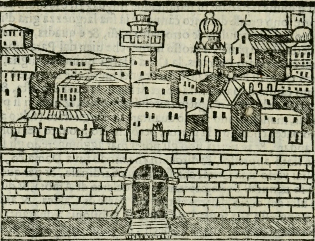 An illustration from Viaggio da Venetia al Santo Sepolcro, et al monte Sinai; col dissegno delle città, castelli, ville, chiese, monasterij, isole, porti, & fiumi, che sin là si ritrouano; et vna breue regola di quanto si dee osseruar nel detto viaggio, e quel che si paga da luoco à luoco, sì di dacij, come d'altre cose, 1606, leaf 151