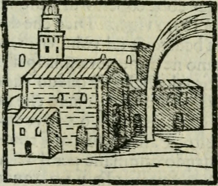 An illustration from Viaggio da Venetia al Santo Sepolcro, et al monte Sinai; col dissegno delle città, castelli, ville, chiese, monasterij, isole, porti, & fiumi, che sin là si ritrouano; et vna breue regola di quanto si dee osseruar nel detto viaggio, e quel che si paga da luoco à luoco, sì di dacij, come d'altre cose, 1606, leaf 154