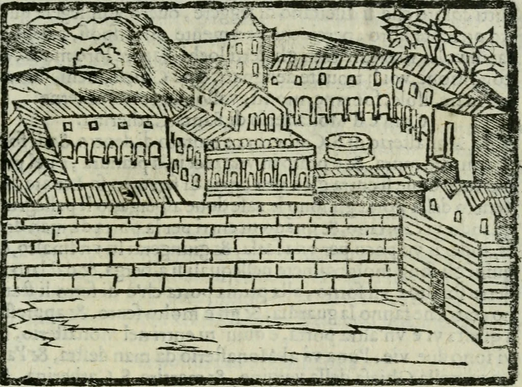 An illustration from Viaggio da Venetia al Santo Sepolcro, et al monte Sinai; col dissegno delle città, castelli, ville, chiese, monasterij, isole, porti, & fiumi, che sin là si ritrouano; et vna breue regola di quanto si dee osseruar nel detto viaggio, e quel che si paga da luoco à luoco, sì di dacij, come d'altre cose, 1606, leaf 160