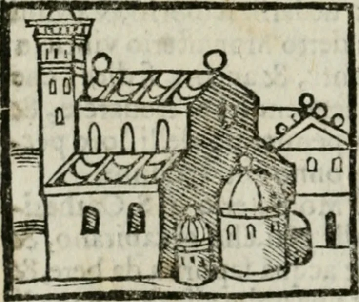 An illustration from Viaggio da Venetia al Santo Sepolcro, et al monte Sinai; col dissegno delle città, castelli, ville, chiese, monasterij, isole, porti, & fiumi, che sin là si ritrouano; et vna breue regola di quanto si dee osseruar nel detto viaggio, e quel che si paga da luoco à luoco, sì di dacij, come d'altre cose, 1606, leaf 165