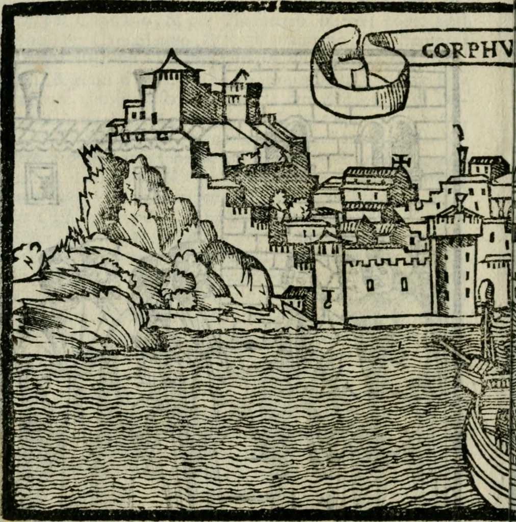 An illustration from Viaggio da Venetia al Santo Sepolcro, et al monte Sinai; col dissegno delle città, castelli, ville, chiese, monasterij, isole, porti, & fiumi, che sin là si ritrouano; et vna breue regola di quanto si dee osseruar nel detto viaggio, e quel che si paga da luoco à luoco, sì di dacij, come d'altre cose, 1606, leaf 17