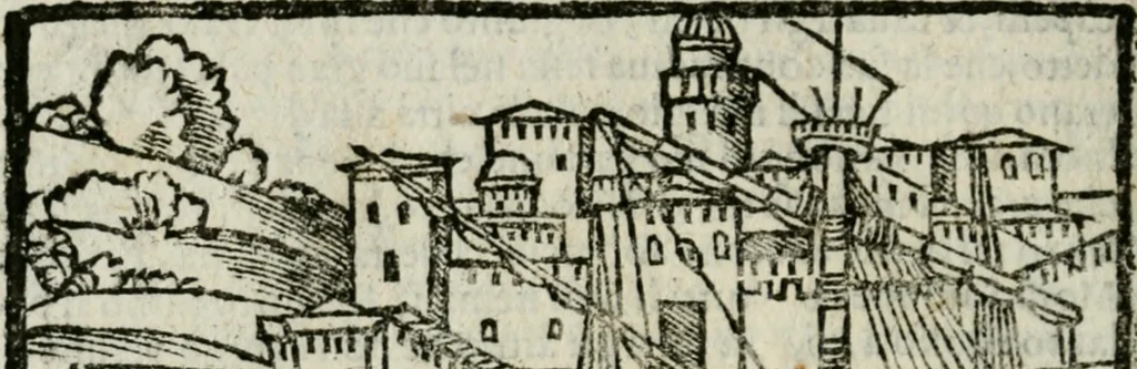 An illustration from Viaggio da Venetia al Santo Sepolcro, et al monte Sinai; col dissegno delle città, castelli, ville, chiese, monasterij, isole, porti, & fiumi, che sin là si ritrouano; et vna breue regola di quanto si dee osseruar nel detto viaggio, e quel che si paga da luoco à luoco, sì di dacij, come d'altre cose, 1606, leaf 175