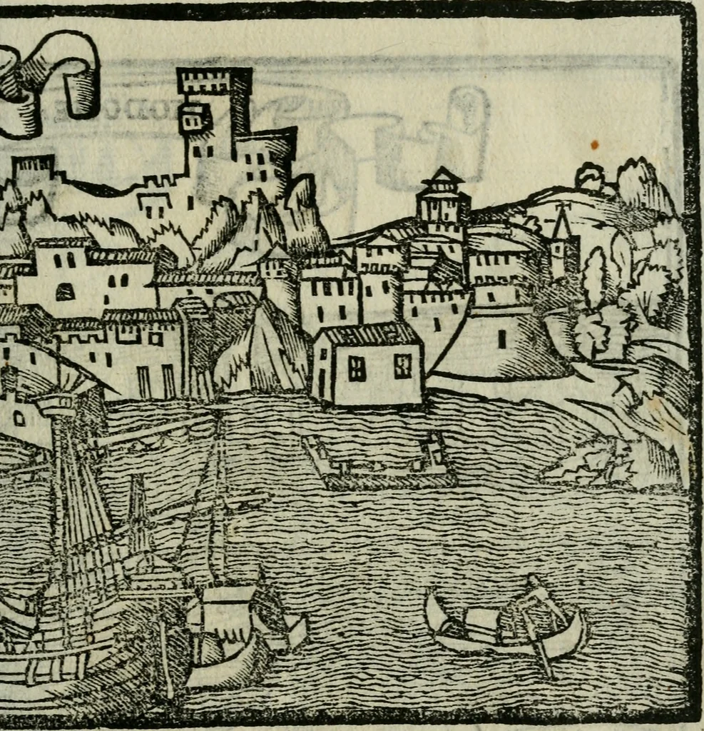 An illustration from Viaggio da Venetia al Santo Sepolcro, et al monte Sinai; col dissegno delle città, castelli, ville, chiese, monasterij, isole, porti, & fiumi, che sin là si ritrouano; et vna breue regola di quanto si dee osseruar nel detto viaggio, e quel che si paga da luoco à luoco, sì di dacij, come d'altre cose, 1606, leaf 18