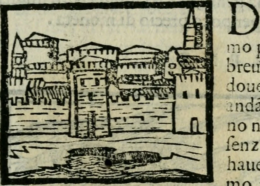 An illustration from Viaggio da Venetia al Santo Sepolcro, et al monte Sinai; col dissegno delle città, castelli, ville, chiese, monasterij, isole, porti, & fiumi, che sin là si ritrouano; et vna breue regola di quanto si dee osseruar nel detto viaggio, e quel che si paga da luoco à luoco, sì di dacij, come d'altre cose, 1606, leaf 182