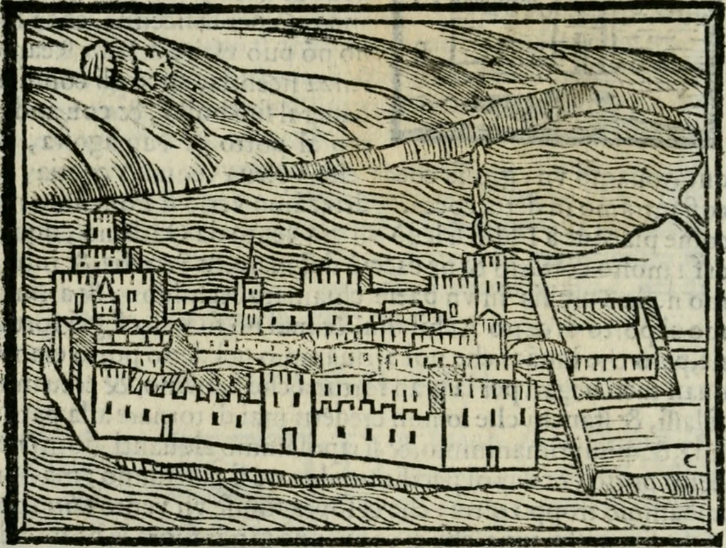 An illustration from Viaggio da Venetia al Santo Sepolcro, et al monte Sinai; col dissegno delle città, castelli, ville, chiese, monasterij, isole, porti, & fiumi, che sin là si ritrouano; et vna breue regola di quanto si dee osseruar nel detto viaggio, e quel che si paga da luoco à luoco, sì di dacij, come d'altre cose, 1606, leaf 183