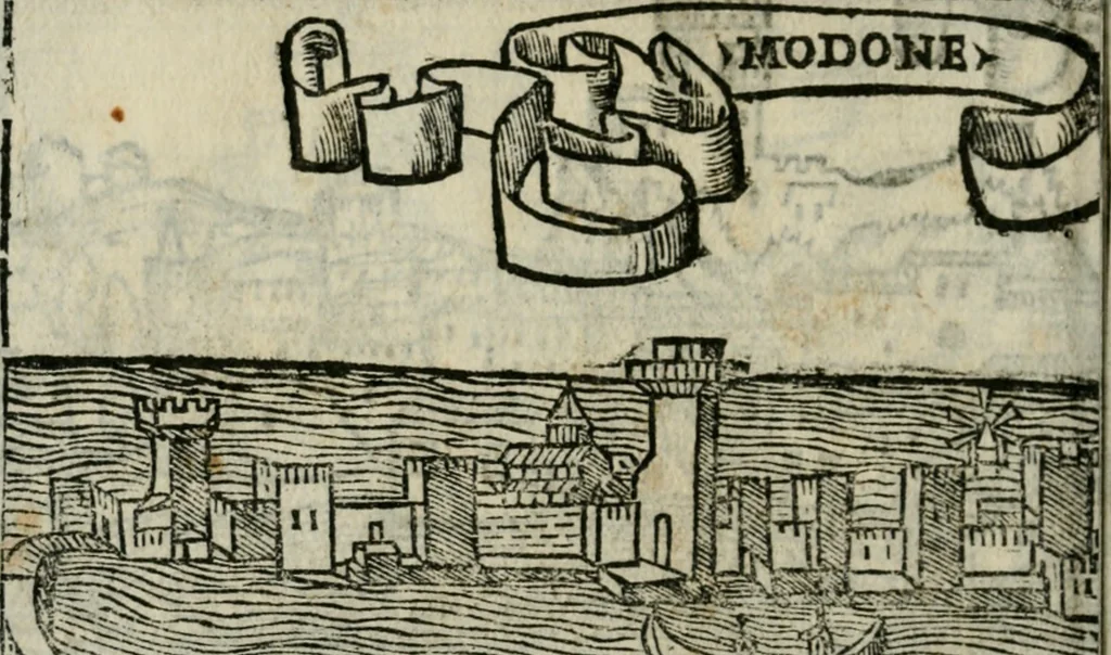 An illustration from Viaggio da Venetia al Santo Sepolcro, et al monte Sinai; col dissegno delle città, castelli, ville, chiese, monasterij, isole, porti, & fiumi, che sin là si ritrouano; et vna breue regola di quanto si dee osseruar nel detto viaggio, e quel che si paga da luoco à luoco, sì di dacij, come d'altre cose, 1606, leaf 19