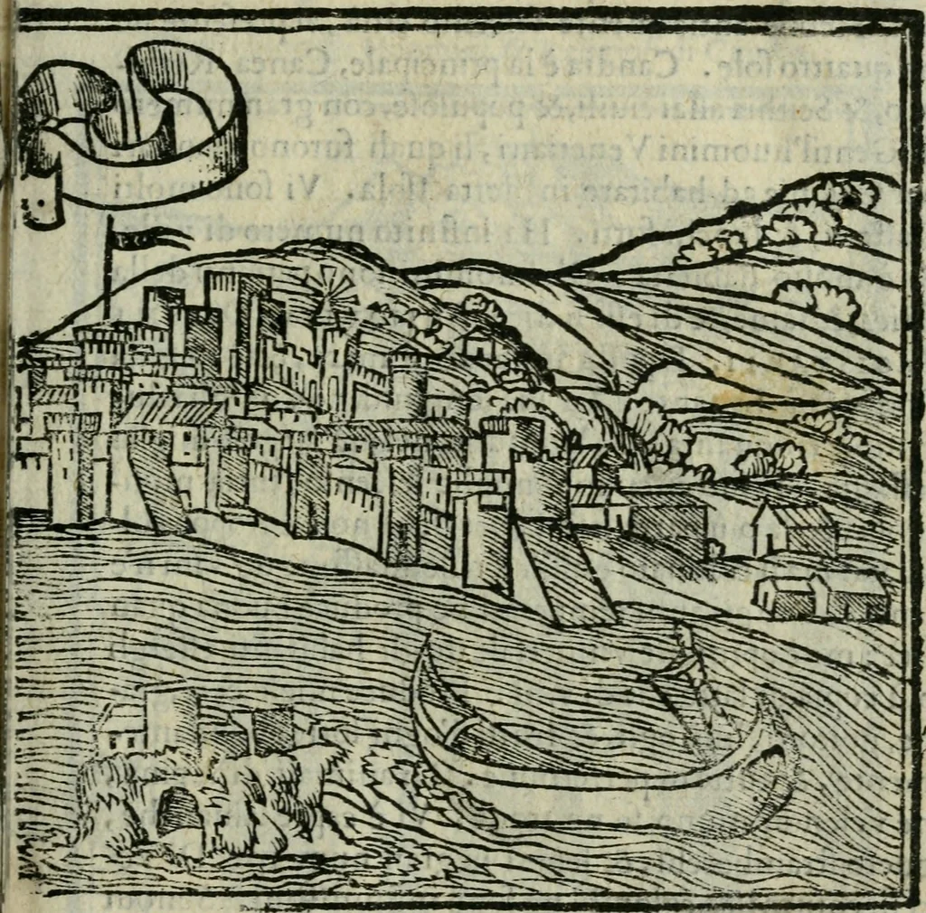 An illustration from Viaggio da Venetia al Santo Sepolcro, et al monte Sinai; col dissegno delle città, castelli, ville, chiese, monasterij, isole, porti, & fiumi, che sin là si ritrouano; et vna breue regola di quanto si dee osseruar nel detto viaggio, e quel che si paga da luoco à luoco, sì di dacij, come d'altre cose, 1606, leaf 20