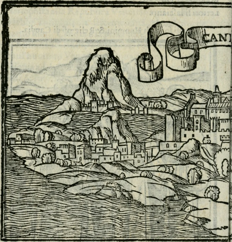 An illustration from Viaggio da Venetia al Santo Sepolcro, et al monte Sinai; col dissegno delle città, castelli, ville, chiese, monasterij, isole, porti, & fiumi, che sin là si ritrouano; et vna breue regola di quanto si dee osseruar nel detto viaggio, e quel che si paga da luoco à luoco, sì di dacij, come d'altre cose, 1606, leaf 23