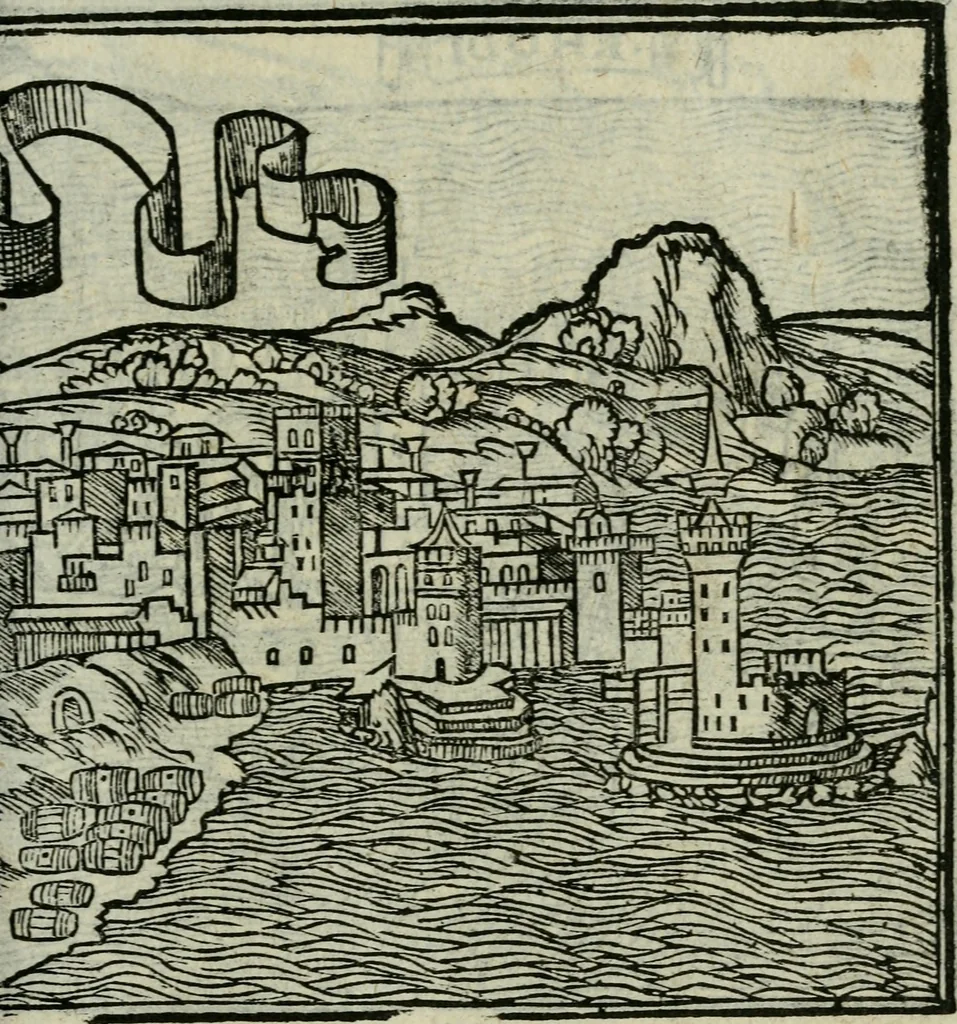 An illustration from Viaggio da Venetia al Santo Sepolcro, et al monte Sinai; col dissegno delle città, castelli, ville, chiese, monasterij, isole, porti, & fiumi, che sin là si ritrouano; et vna breue regola di quanto si dee osseruar nel detto viaggio, e quel che si paga da luoco à luoco, sì di dacij, come d'altre cose, 1606, leaf 24