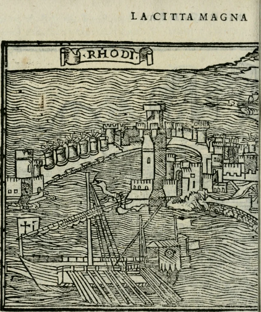 An illustration from Viaggio da Venetia al Santo Sepolcro, et al monte Sinai; col dissegno delle città, castelli, ville, chiese, monasterij, isole, porti, & fiumi, che sin là si ritrouano; et vna breue regola di quanto si dee osseruar nel detto viaggio, e quel che si paga da luoco à luoco, sì di dacij, come d'altre cose, 1606, leaf 25