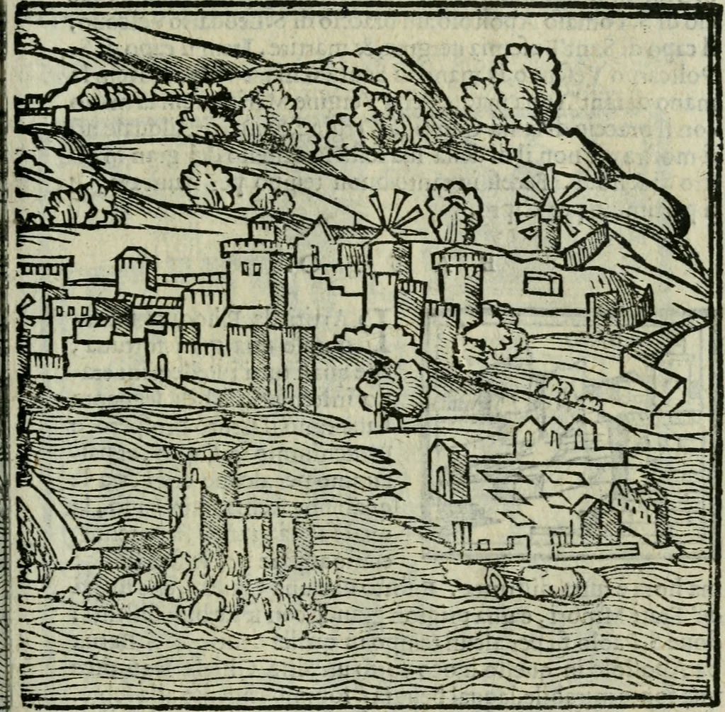 An illustration from Viaggio da Venetia al Santo Sepolcro, et al monte Sinai; col dissegno delle città, castelli, ville, chiese, monasterij, isole, porti, & fiumi, che sin là si ritrouano; et vna breue regola di quanto si dee osseruar nel detto viaggio, e quel che si paga da luoco à luoco, sì di dacij, come d'altre cose, 1606, leaf 26