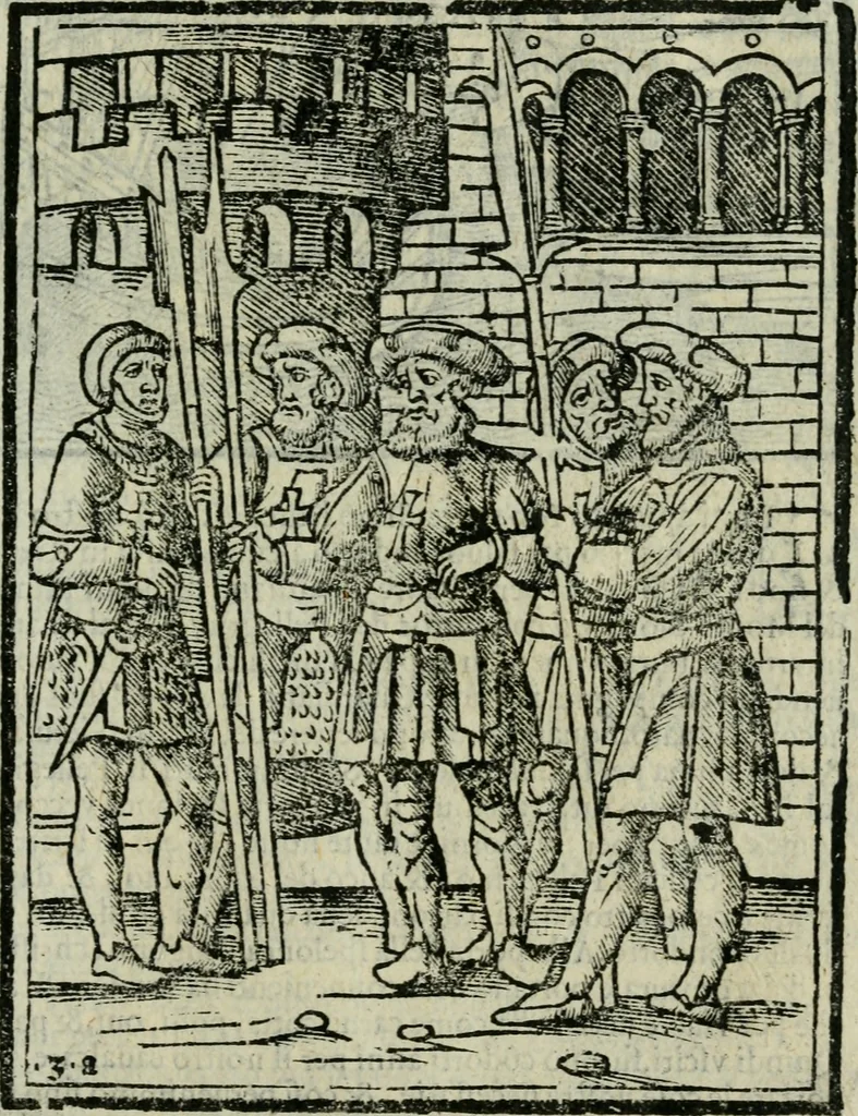An illustration from Viaggio da Venetia al Santo Sepolcro, et al monte Sinai; col dissegno delle città, castelli, ville, chiese, monasterij, isole, porti, & fiumi, che sin là si ritrouano; et vna breue regola di quanto si dee osseruar nel detto viaggio, e quel che si paga da luoco à luoco, sì di dacij, come d'altre cose, 1606, leaf 28