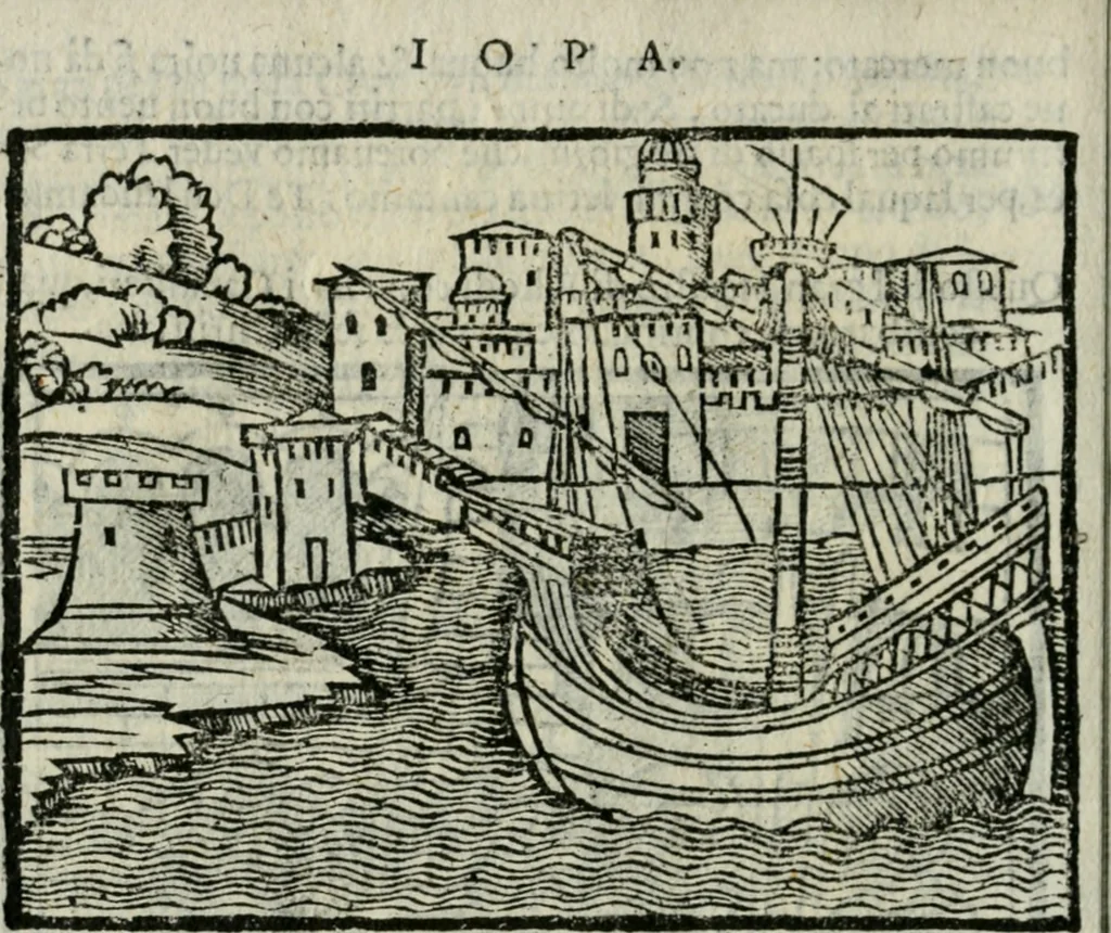 An illustration from Viaggio da Venetia al Santo Sepolcro, et al monte Sinai; col dissegno delle città, castelli, ville, chiese, monasterij, isole, porti, & fiumi, che sin là si ritrouano; et vna breue regola di quanto si dee osseruar nel detto viaggio, e quel che si paga da luoco à luoco, sì di dacij, come d'altre cose, 1606, leaf 29