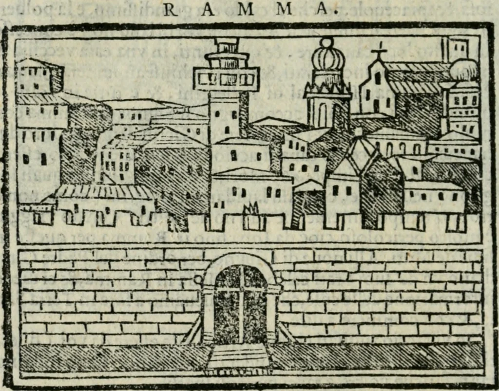 An illustration from Viaggio da Venetia al Santo Sepolcro, et al monte Sinai; col dissegno delle città, castelli, ville, chiese, monasterij, isole, porti, & fiumi, che sin là si ritrouano; et vna breue regola di quanto si dee osseruar nel detto viaggio, e quel che si paga da luoco à luoco, sì di dacij, come d'altre cose, 1606, leaf 31