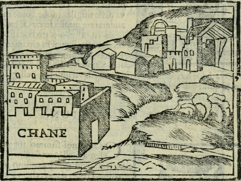 An illustration from Viaggio da Venetia al Santo Sepolcro, et al monte Sinai; col dissegno delle città, castelli, ville, chiese, monasterij, isole, porti, & fiumi, che sin là si ritrouano; et vna breue regola di quanto si dee osseruar nel detto viaggio, e quel che si paga da luoco à luoco, sì di dacij, come d'altre cose, 1606, leaf 32