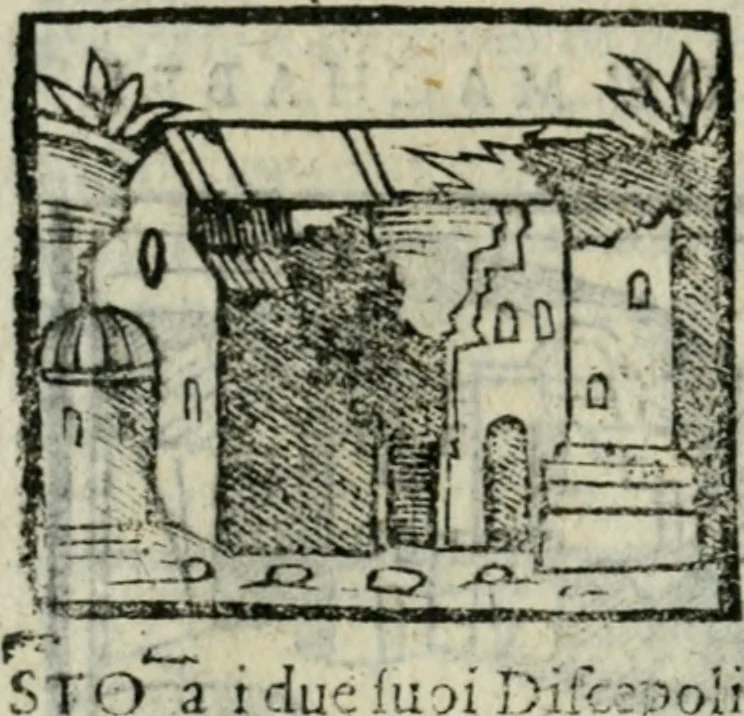 An illustration from Viaggio da Venetia al Santo Sepolcro, et al monte Sinai; col dissegno delle città, castelli, ville, chiese, monasterij, isole, porti, & fiumi, che sin là si ritrouano; et vna breue regola di quanto si dee osseruar nel detto viaggio, e quel che si paga da luoco à luoco, sì di dacij, come d'altre cose, 1606, leaf 33