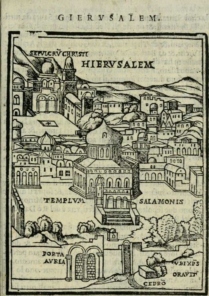 An illustration from Viaggio da Venetia al Santo Sepolcro, et al monte Sinai; col dissegno delle città, castelli, ville, chiese, monasterij, isole, porti, & fiumi, che sin là si ritrouano; et vna breue regola di quanto si dee osseruar nel detto viaggio, e quel che si paga da luoco à luoco, sì di dacij, come d'altre cose, 1606, leaf 34