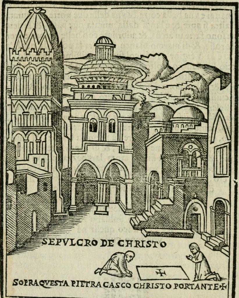 An illustration from Viaggio da Venetia al Santo Sepolcro, et al monte Sinai; col dissegno delle città, castelli, ville, chiese, monasterij, isole, porti, & fiumi, che sin là si ritrouano; et vna breue regola di quanto si dee osseruar nel detto viaggio, e quel che si paga da luoco à luoco, sì di dacij, come d'altre cose, 1606, leaf 41