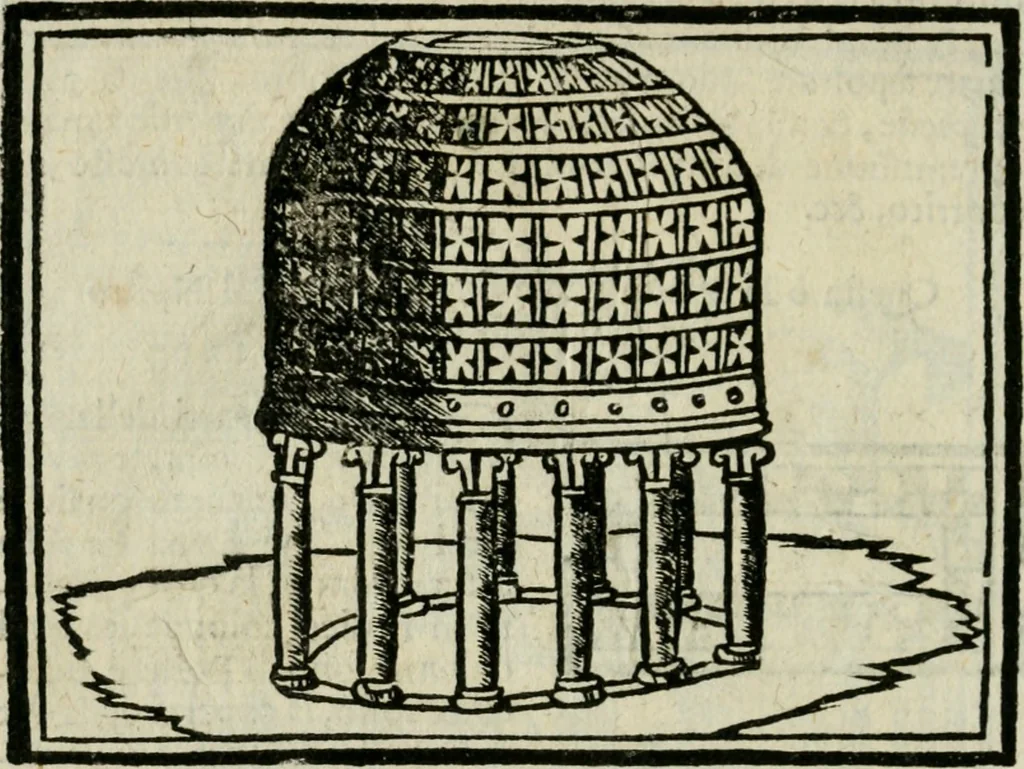 An illustration from Viaggio da Venetia al Santo Sepolcro, et al monte Sinai; col dissegno delle città, castelli, ville, chiese, monasterij, isole, porti, & fiumi, che sin là si ritrouano; et vna breue regola di quanto si dee osseruar nel detto viaggio, e quel che si paga da luoco à luoco, sì di dacij, come d'altre cose, 1606, leaf 43