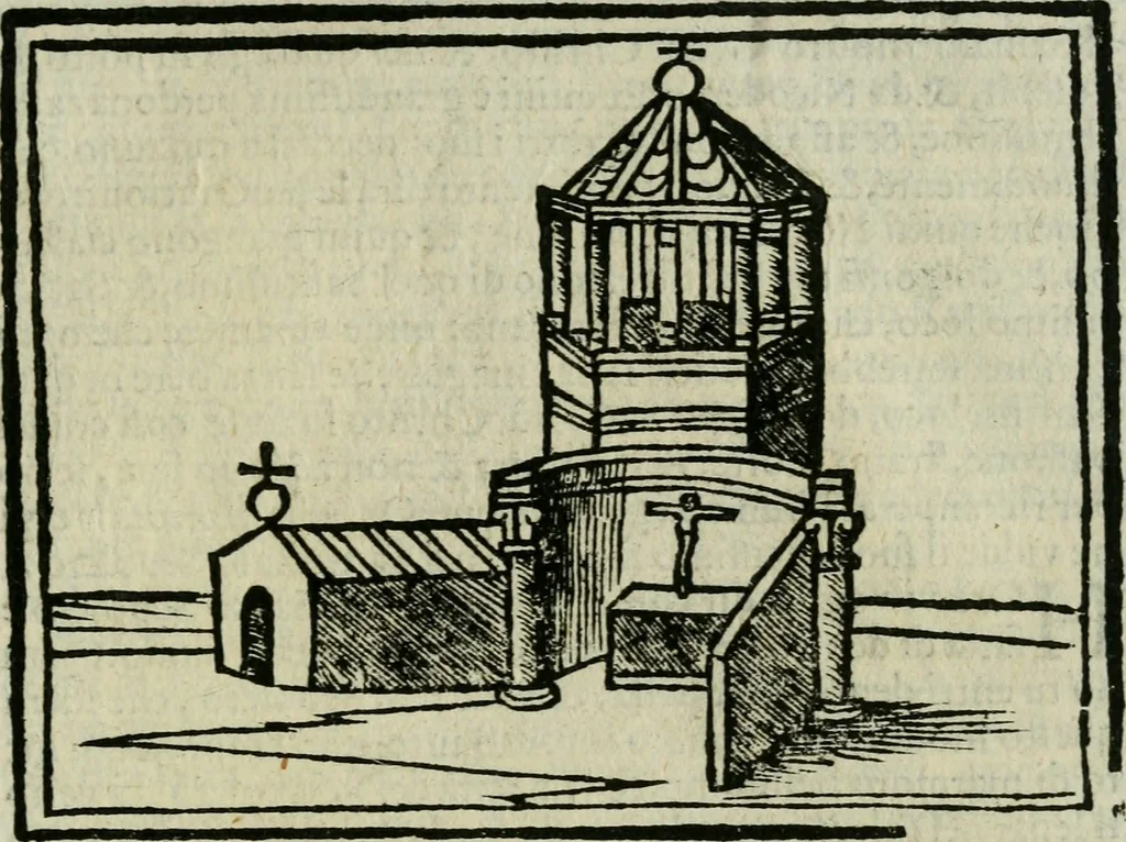 An illustration from Viaggio da Venetia al Santo Sepolcro, et al monte Sinai; col dissegno delle città, castelli, ville, chiese, monasterij, isole, porti, & fiumi, che sin là si ritrouano; et vna breue regola di quanto si dee osseruar nel detto viaggio, e quel che si paga da luoco à luoco, sì di dacij, come d'altre cose, 1606, leaf 44
