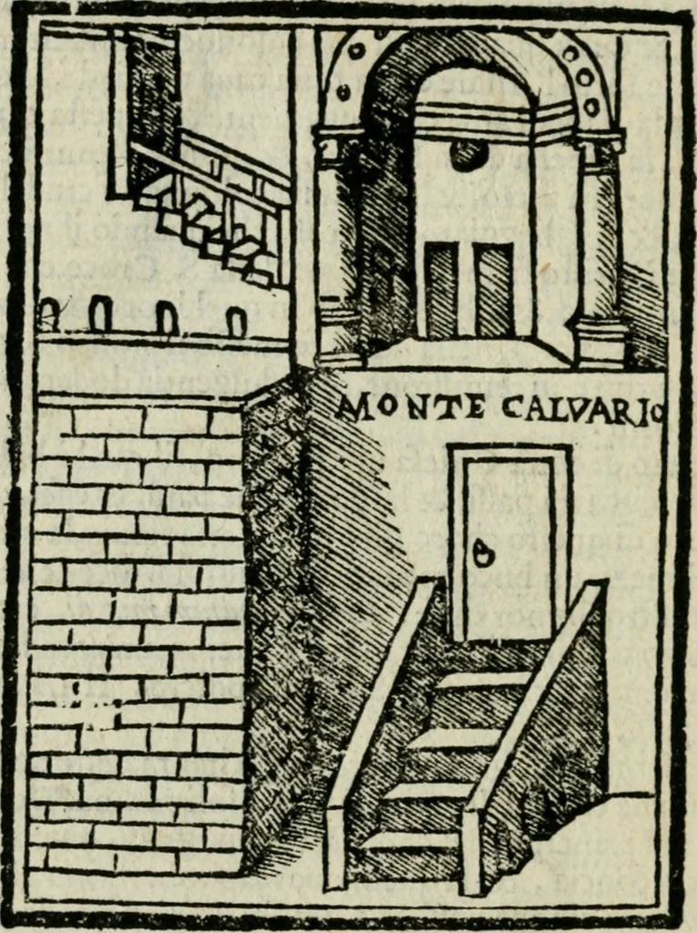 An illustration from Viaggio da Venetia al Santo Sepolcro, et al monte Sinai; col dissegno delle città, castelli, ville, chiese, monasterij, isole, porti, & fiumi, che sin là si ritrouano; et vna breue regola di quanto si dee osseruar nel detto viaggio, e quel che si paga da luoco à luoco, sì di dacij, come d'altre cose, 1606, leaf 47