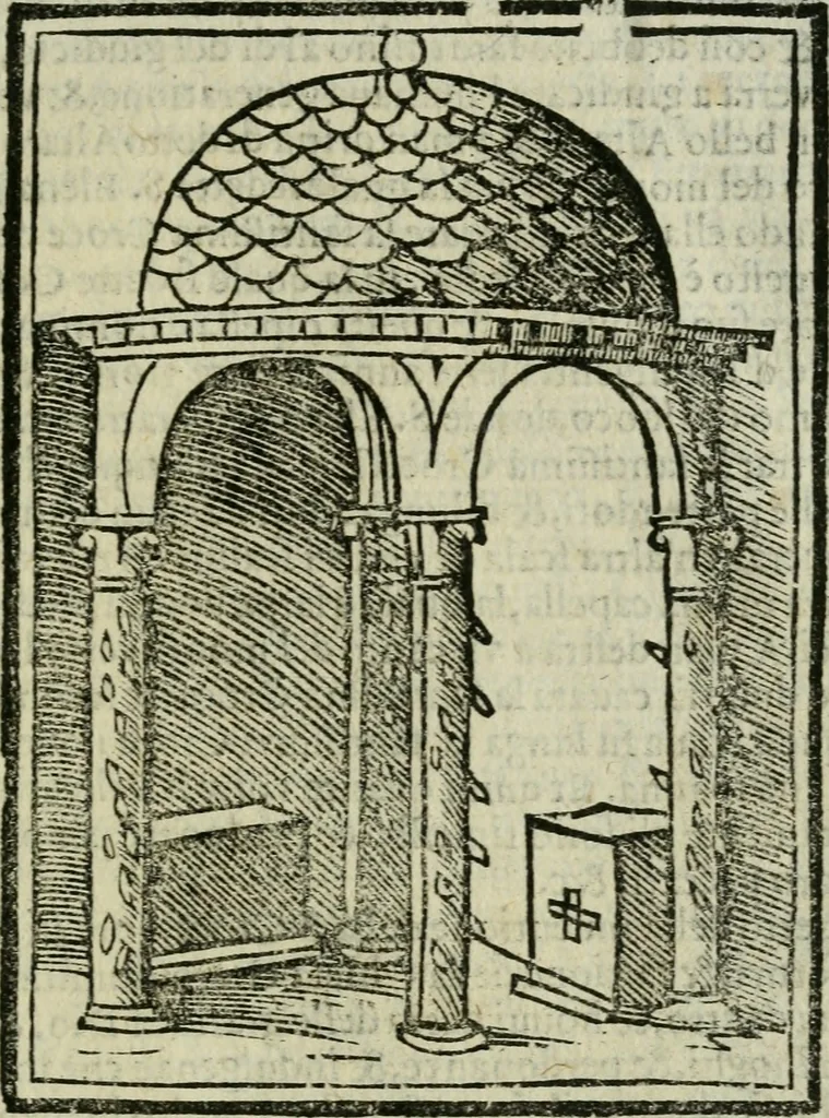 An illustration from Viaggio da Venetia al Santo Sepolcro, et al monte Sinai; col dissegno delle città, castelli, ville, chiese, monasterij, isole, porti, & fiumi, che sin là si ritrouano; et vna breue regola di quanto si dee osseruar nel detto viaggio, e quel che si paga da luoco à luoco, sì di dacij, come d'altre cose, 1606, leaf 50
