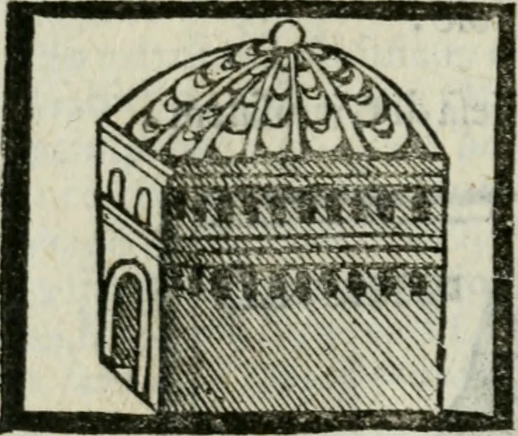 An illustration from Viaggio da Venetia al Santo Sepolcro, et al monte Sinai; col dissegno delle città, castelli, ville, chiese, monasterij, isole, porti, & fiumi, che sin là si ritrouano; et vna breue regola di quanto si dee osseruar nel detto viaggio, e quel che si paga da luoco à luoco, sì di dacij, come d'altre cose, 1606, leaf 57
