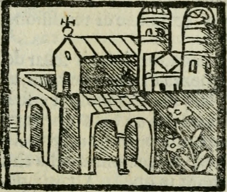 An illustration from Viaggio da Venetia al Santo Sepolcro, et al monte Sinai; col dissegno delle città, castelli, ville, chiese, monasterij, isole, porti, & fiumi, che sin là si ritrouano; et vna breue regola di quanto si dee osseruar nel detto viaggio, e quel che si paga da luoco à luoco, sì di dacij, come d'altre cose, 1606, leaf 58