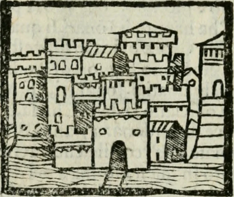 An illustration from Viaggio da Venetia al Santo Sepolcro, et al monte Sinai; col dissegno delle città, castelli, ville, chiese, monasterij, isole, porti, & fiumi, che sin là si ritrouano; et vna breue regola di quanto si dee osseruar nel detto viaggio, e quel che si paga da luoco à luoco, sì di dacij, come d'altre cose, 1606, leaf 59