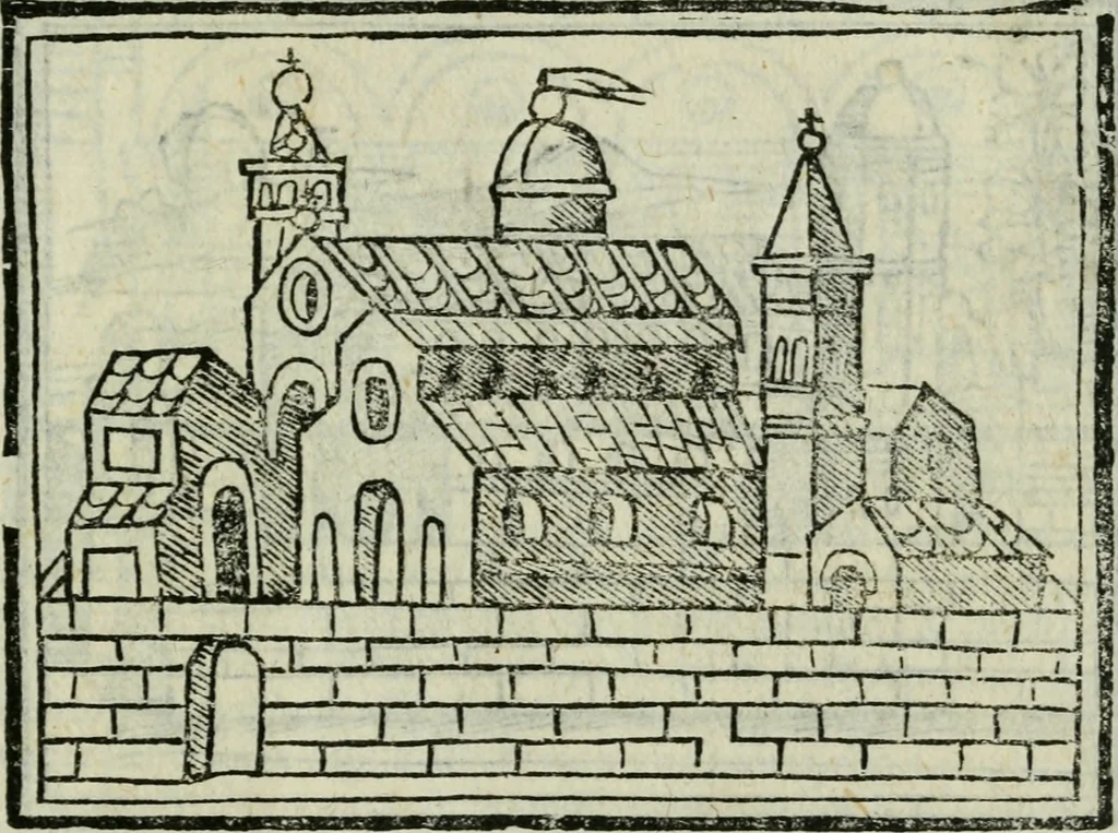 An illustration from Viaggio da Venetia al Santo Sepolcro, et al monte Sinai; col dissegno delle città, castelli, ville, chiese, monasterij, isole, porti, & fiumi, che sin là si ritrouano; et vna breue regola di quanto si dee osseruar nel detto viaggio, e quel che si paga da luoco à luoco, sì di dacij, come d'altre cose, 1606, leaf 60