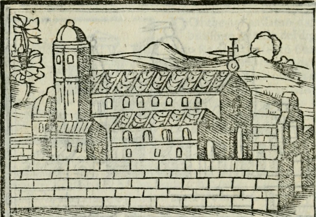 An illustration from Viaggio da Venetia al Santo Sepolcro, et al monte Sinai; col dissegno delle città, castelli, ville, chiese, monasterij, isole, porti, & fiumi, che sin là si ritrouano; et vna breue regola di quanto si dee osseruar nel detto viaggio, e quel che si paga da luoco à luoco, sì di dacij, come d'altre cose, 1606, leaf 61