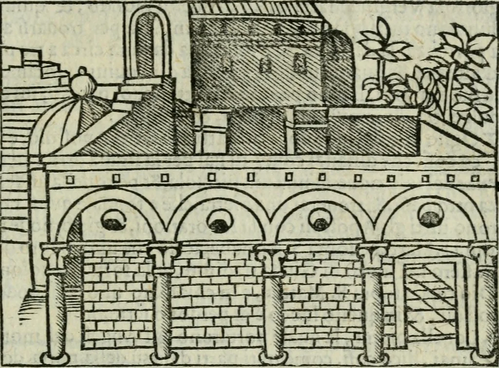 An illustration from Viaggio da Venetia al Santo Sepolcro, et al monte Sinai; col dissegno delle città, castelli, ville, chiese, monasterij, isole, porti, & fiumi, che sin là si ritrouano; et vna breue regola di quanto si dee osseruar nel detto viaggio, e quel che si paga da luoco à luoco, sì di dacij, come d'altre cose, 1606, leaf 62