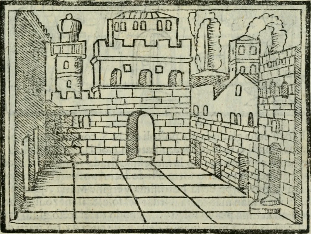 An illustration from Viaggio da Venetia al Santo Sepolcro, et al monte Sinai; col dissegno delle città, castelli, ville, chiese, monasterij, isole, porti, & fiumi, che sin là si ritrouano; et vna breue regola di quanto si dee osseruar nel detto viaggio, e quel che si paga da luoco à luoco, sì di dacij, come d'altre cose, 1606, leaf 66