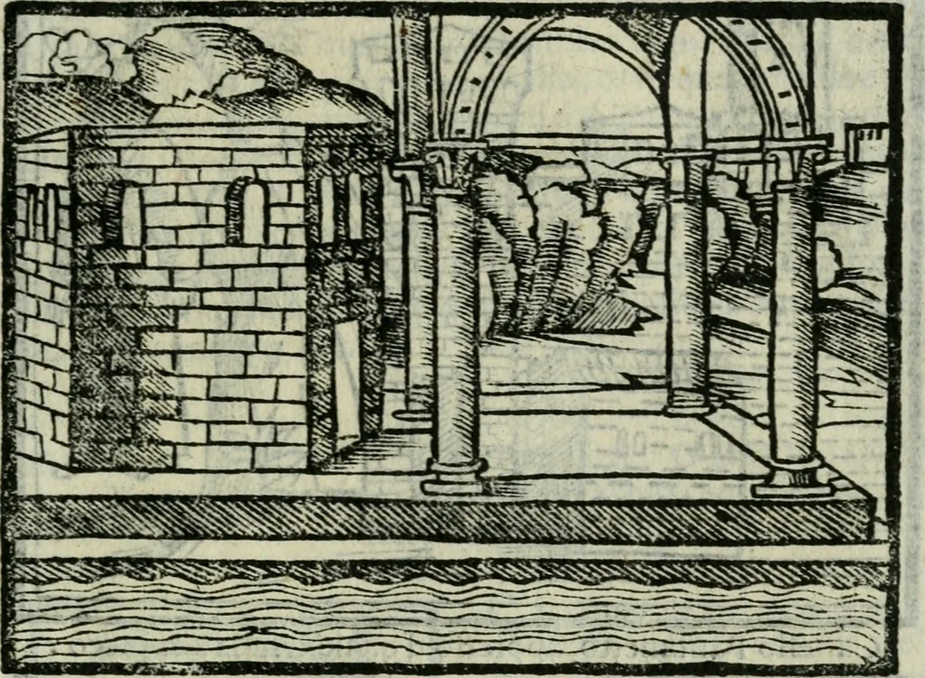 An illustration from Viaggio da Venetia al Santo Sepolcro, et al monte Sinai; col dissegno delle città, castelli, ville, chiese, monasterij, isole, porti, & fiumi, che sin là si ritrouano; et vna breue regola di quanto si dee osseruar nel detto viaggio, e quel che si paga da luoco à luoco, sì di dacij, come d'altre cose, 1606, leaf 70