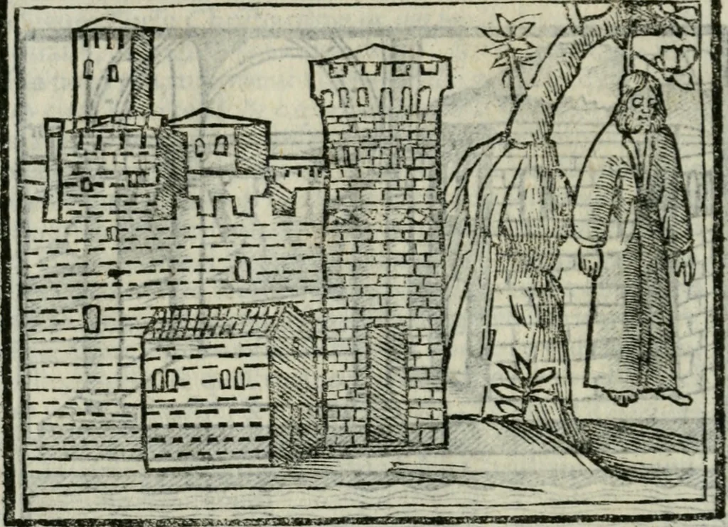 An illustration from Viaggio da Venetia al Santo Sepolcro, et al monte Sinai; col dissegno delle città, castelli, ville, chiese, monasterij, isole, porti, & fiumi, che sin là si ritrouano; et vna breue regola di quanto si dee osseruar nel detto viaggio, e quel che si paga da luoco à luoco, sì di dacij, come d'altre cose, 1606, leaf 71