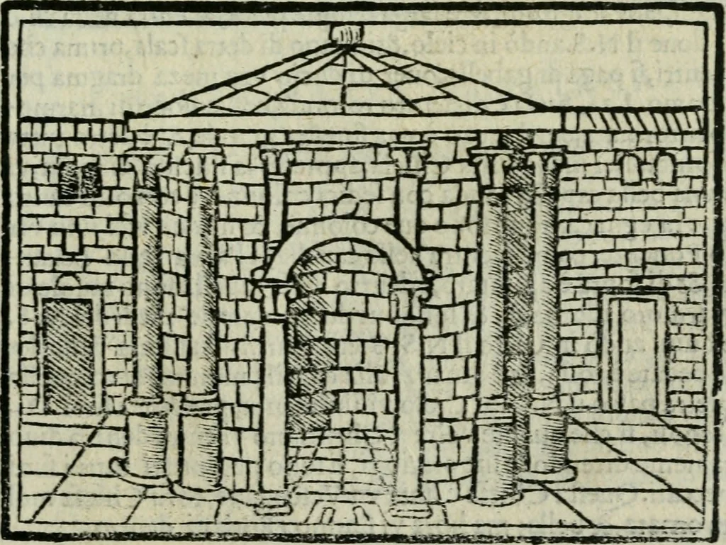 An illustration from Viaggio da Venetia al Santo Sepolcro, et al monte Sinai; col dissegno delle città, castelli, ville, chiese, monasterij, isole, porti, & fiumi, che sin là si ritrouano; et vna breue regola di quanto si dee osseruar nel detto viaggio, e quel che si paga da luoco à luoco, sì di dacij, come d'altre cose, 1606, leaf 74