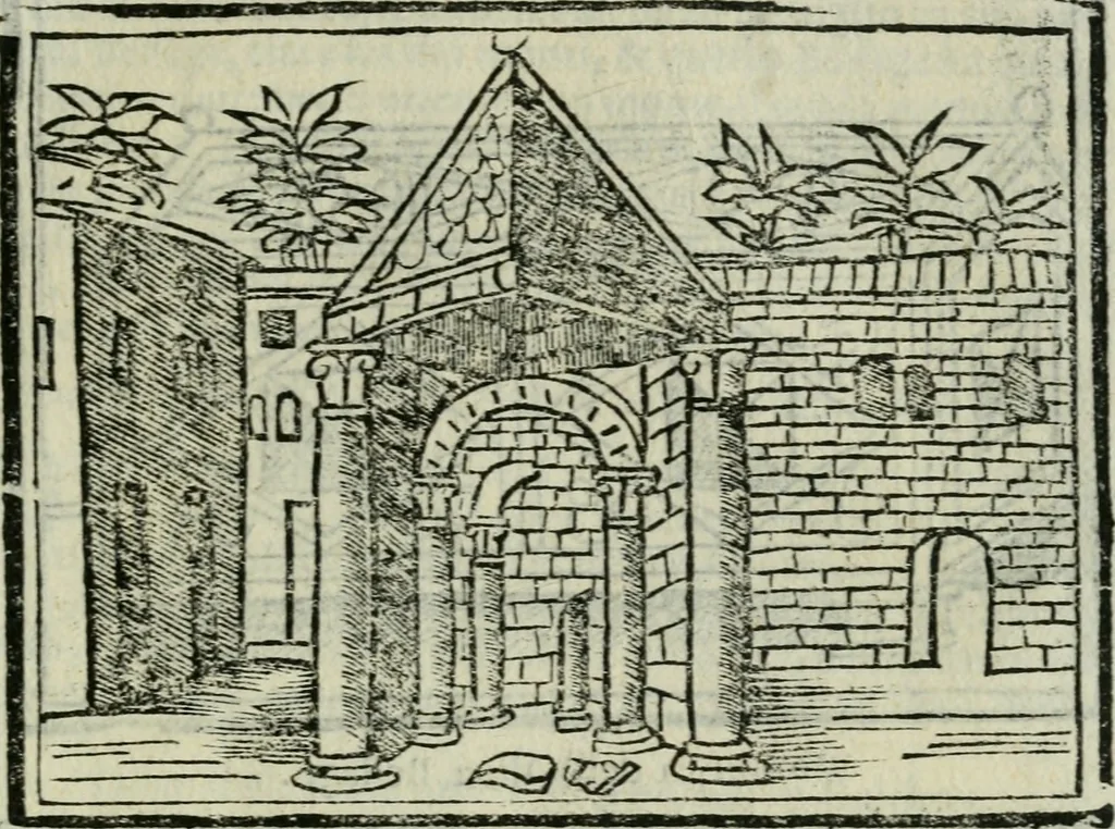 An illustration from Viaggio da Venetia al Santo Sepolcro, et al monte Sinai; col dissegno delle città, castelli, ville, chiese, monasterij, isole, porti, & fiumi, che sin là si ritrouano; et vna breue regola di quanto si dee osseruar nel detto viaggio, e quel che si paga da luoco à luoco, sì di dacij, come d'altre cose, 1606, leaf 76