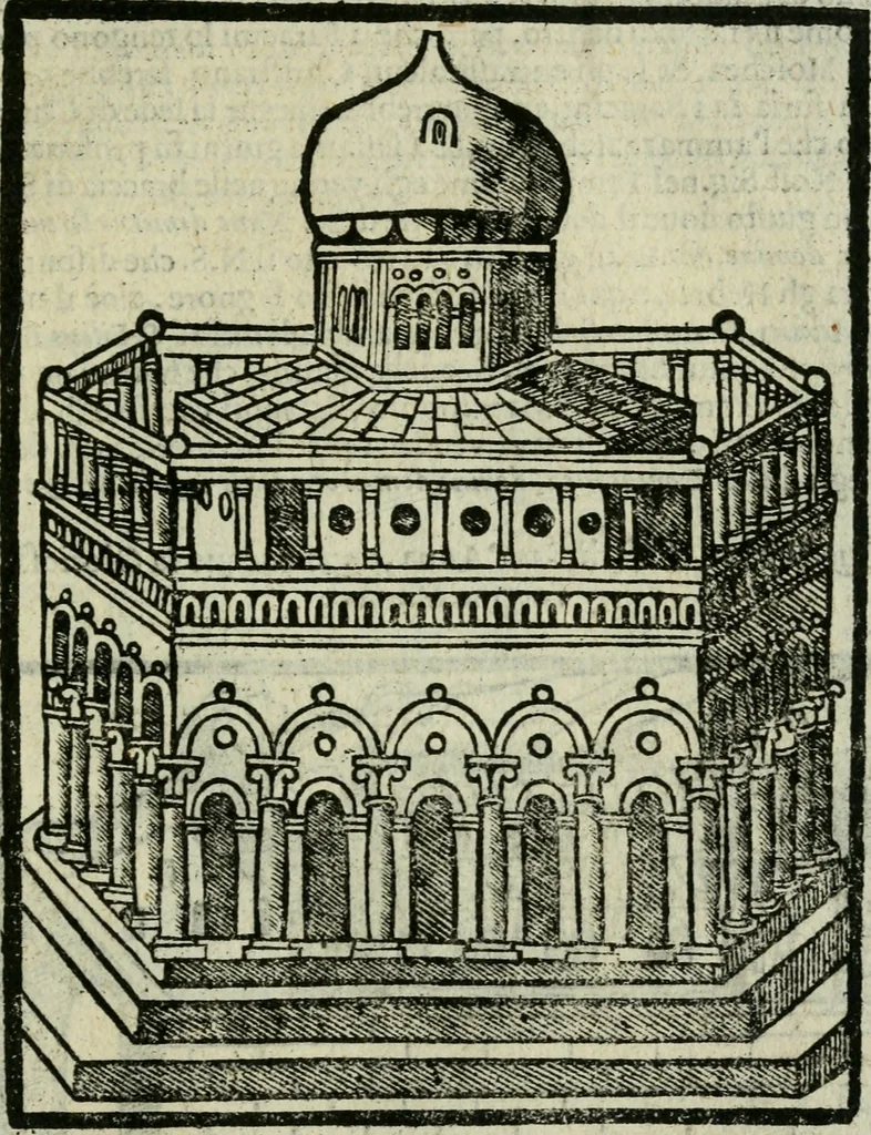 An illustration from Viaggio da Venetia al Santo Sepolcro, et al monte Sinai; col dissegno delle città, castelli, ville, chiese, monasterij, isole, porti, & fiumi, che sin là si ritrouano; et vna breue regola di quanto si dee osseruar nel detto viaggio, e quel che si paga da luoco à luoco, sì di dacij, come d'altre cose, 1606, leaf 86
