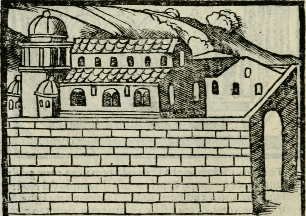 An illustration from Viaggio da Venetia al Santo Sepolcro, et al monte Sinai; col dissegno delle città, castelli, ville, chiese, monasterij, isole, porti, & fiumi, che sin là si ritrouano; et vna breue regola di quanto si dee osseruar nel detto viaggio, e quel che si paga da luoco à luoco, sì di dacij, come d'altre cose, 1606, leaf 87