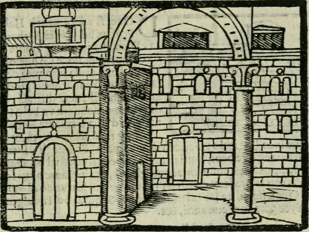 An illustration from Viaggio da Venetia al Santo Sepolcro, et al monte Sinai; col dissegno delle città, castelli, ville, chiese, monasterij, isole, porti, & fiumi, che sin là si ritrouano; et vna breue regola di quanto si dee osseruar nel detto viaggio, e quel che si paga da luoco à luoco, sì di dacij, come d'altre cose, 1606, leaf 90
