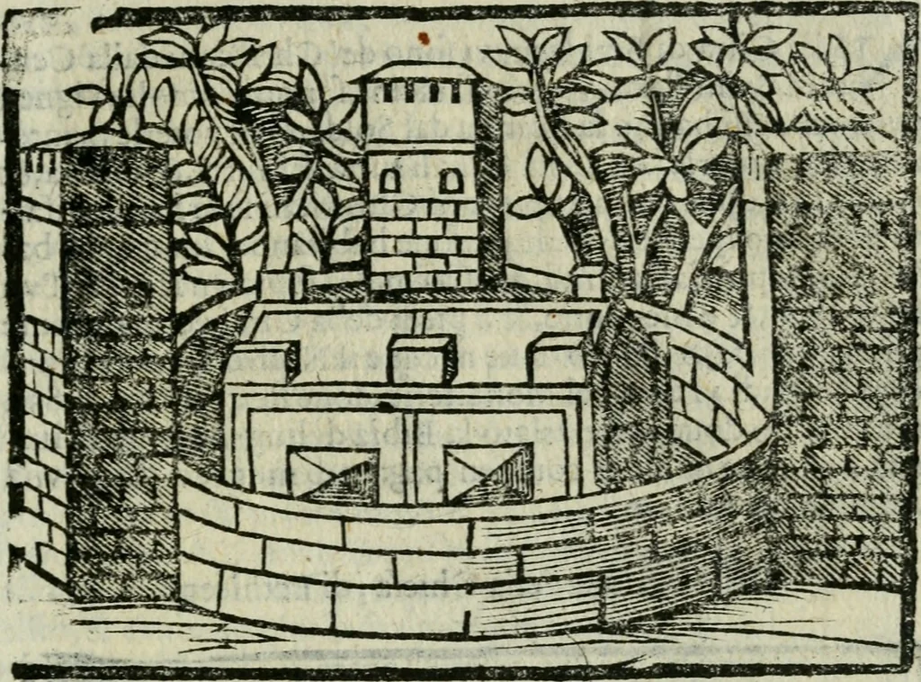 An illustration from Viaggio da Venetia al Santo Sepolcro, et al monte Sinai; col dissegno delle città, castelli, ville, chiese, monasterij, isole, porti, & fiumi, che sin là si ritrouano; et vna breue regola di quanto si dee osseruar nel detto viaggio, e quel che si paga da luoco à luoco, sì di dacij, come d'altre cose, 1606, leaf 92