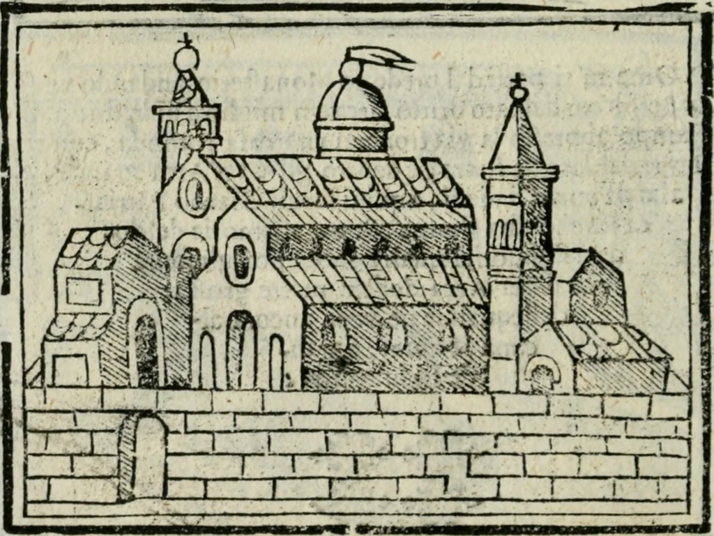 An illustration from Viaggio da Venetia al Santo Sepolcro, et al monte Sinai; col dissegno delle città, castelli, ville, chiese, monasterij, isole, porti, & fiumi, che sin là si ritrouano; et vna breue regola di quanto si dee osseruar nel detto viaggio, e quel che si paga da luoco à luoco, sì di dacij, come d'altre cose, 1606, leaf 93