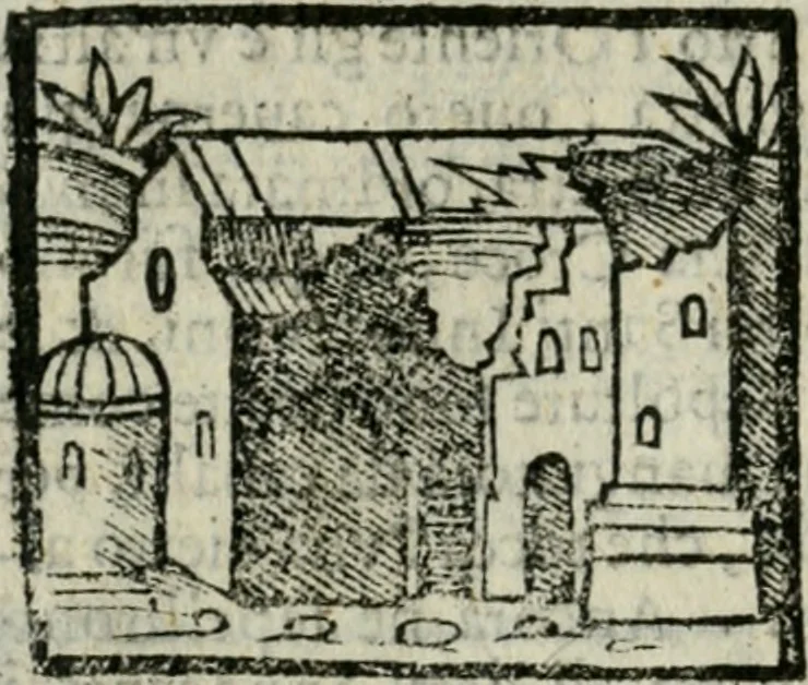 An illustration from Viaggio da Venetia al Santo Sepolcro, et al monte Sinai; col dissegno delle città, castelli, ville, chiese, monasterij, isole, porti, & fiumi, che sin là si ritrouano; et vna breue regola di quanto si dee osseruar nel detto viaggio, e quel che si paga da luoco à luoco, sì di dacij, come d'altre cose, 1606, leaf 97