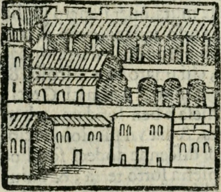 An illustration from Viaggio da Venetia al Santo Sepolcro, et al monte Sinai; col dissegno delle città, castelli, ville, chiese, monasterij, isole, porti, & fiumi, che sin là si ritrouano; et vna breue regola di quanto si dee osseruar nel detto viaggio, e quel che si paga da luoco à luoco, sì di dacij, come d'altre cose, 1606, leaf 97