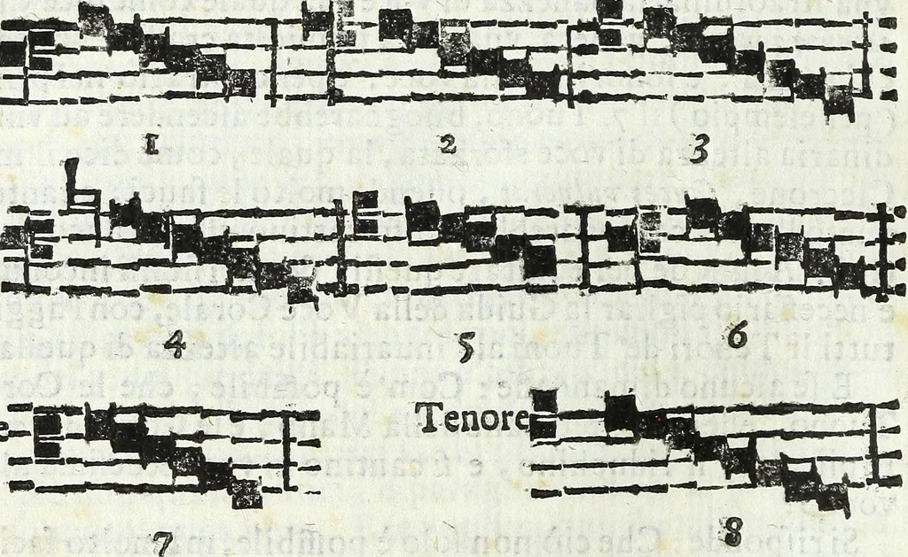 An illustration from Via retta della voce corale, 1671, leaf 155