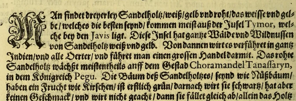 An illustration from Vierder Theil der Orie[n]talischen Indien, in welchen erstlich gehandelt wirt, von allerley Thiern, Früchten, Obs, vnd Bäumen, item von allerhand Würtz, Specereyen vnd Materialen, auch von Perlen vnd allerley Edelgesteinen, so in gemelten Indien gefunden werden, wo vnd wie sie wachsen, daselbst geschätzet, gekaufft, vnd genant werden: beschrieben durch Johan[n] Hugen von Lintschotten, vnd andere. : Auch mit schönen Annotationibus gezieret vnd erkläret durch Bernardum Paludanum Med. D. in Enckheusen. Zum andern, die letzte Reise der Holländer in die Ost-Indien, welche aussgefahren im Frühling dess 1598. Jahrs, vnd mit 4. Schiffen widerumb glücklich anheim gelanget, im Monat Julio dess 1599. Jahrs,, 1617, leaf 78