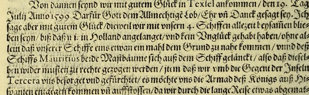 An illustration from Vierder Theil der Orientalischen Indien, in welchem erstlich gehandelt wirdt, von allerley Thieren, Früchten, Obs, vn[d] Bäumen, item von allerhand Würtz, Specereyen vnd Materialen, auch von Perlen vnd allerley Edelgesteinen, so in gemeldten Indien gefunden werden, wo vnd wie sie wachsen, auch wie sie daselbt geschätzet, gekaufft, vnd genannt werden, beschrieben durch Johann Hugen von Lintschotten, vnd andere. : Auch mit schönen Annotationibus gezieret vnd erkläret durch Bernardum Paludanum Medicinae D. in Enckheusen. Zum andern, die letzte Reise der Holländer in die Ost-Indien, welche aussgefahren im Frühling dess 1598. Jahrs. vnd mit 4. Schiffen wiederumb glücklich anheim gelanget, im Monat Julio dess 1599. Jahrs,, 1600, leaf 130