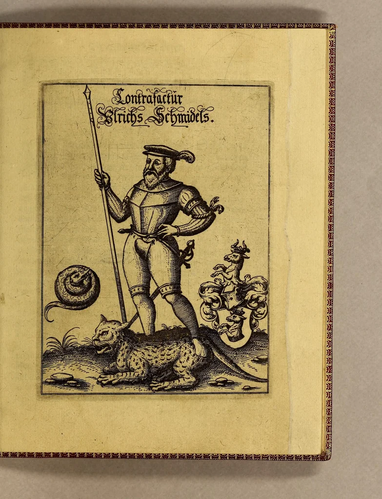 An illustration from Vierte Schiffart. Warhafftige Historien. Einer wunderbaren Schiffart, welche Ulrich Schmidel von Straubing, von Anno 1534 biss Anno 1554. in Americam oder Neuwewelt, bey Brasilia vnd Rio della Plata gethan. : Was er in diesen neuntzehen Jahren aussgestanden, vn[d] was für seltzame wunderbare Länder vnd Leut er gesehen: durch ermelten Schmidel selbst beschrieben, an jetzt aber an Tag geben mit Verbesserung und Corrigierung der Stätt, Länder vnd Flüss Namen, dessgleichen mit einer nothwendigen Landtaffel, Figuren, vnd anderer mehr Erklerung, gezieret., 1612, leaf 9